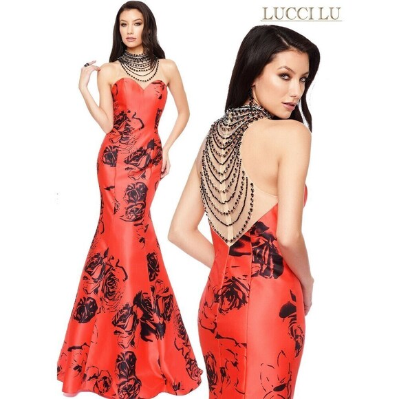 Lucci Lu Rose Print Grad Prom Dress 8108 Red/Black - Picture 1 of 5